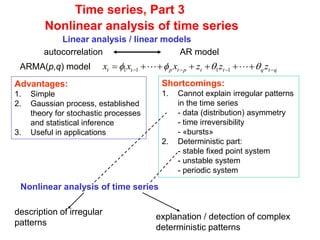 Nonlinear analysis of time series
ARMA(p,q) model qtqttptptt zzzxxx     1111
Linear analysis / linear models
Advantages:
1. Simple
2. Gaussian process, established
theory for stochastic processes
and statistical inference
3. Useful in applications
Shortcomings:
1. Cannot explain irregular patterns
in the time series
- data (distribution) asymmetry
- time irreversibility
- «bursts»
2. Deterministic part:
- stable fixed point system
- unstable system
- periodic system
autocorrelation AR model
description of irregular
patterns
explanation / detection of complex
deterministic patterns
Time series, Part 3
Nonlinear analysis of time series
 