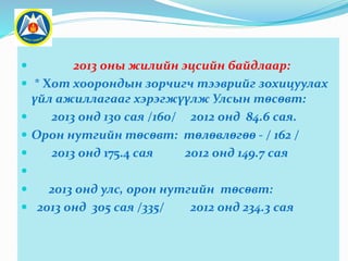  2013 оны жилийн эцсийн байдлаар:
 * Хот хоорондын зорчигч тээврийг зохицуулах
үйл ажиллагааг хэрэгжүүлж Улсын төсөвт:
 2013 онд 130 сая /160/ 2012 онд 84.6 сая.
 Орон нутгийн төсөвт: төлөвлөгөө - / 162 /
 2013 онд 175.4 сая 2012 онд 149.7 сая

 2013 онд улс, орон нутгийн төсөвт:
 2013 онд 305 сая /335/ 2012 онд 234.3 сая
 