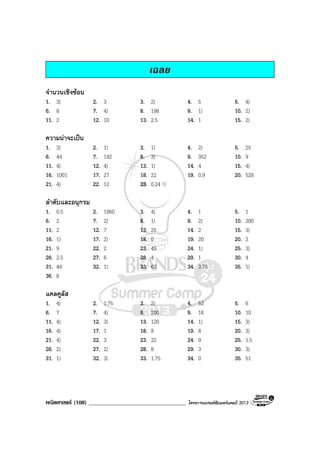 คณิตศาสตร (108) ___________________________________ โครงการแบรนดซัมเมอรแคมป 2013
เฉลย
จํานวนเชิงซอน
1. 3) 2. 3 3. 2) 4. 5 5. 4)
6. 8 7. 4) 8. 198 9. 1) 10. 2)
11. 2 12. 10 13. 2.5 14. 1 15. 2)
ความนาจะเปน
1. 3) 2. 1) 3. 1) 4. 2) 5. 25
6. 44 7. 192 8. 3) 9. 352 10. 9
11. 4) 12. 4) 13. 1) 14. 4 15. 4)
16. 1001 17. 27 18. 22 19. 0.9 20. 528
21. 4) 22. 12 23. 0.24
ลําดับและอนุกรม
1. 0.5 2. 1860 3. 4) 4. 1 5. 1
6. 2 7. 2) 8. 1) 9. 2) 10. 200
11. 2 12. 7 13. 25 14. 2 15. 3)
16. 1) 17. 2) 18. 0 19. 20 20. 2
21. 9 22. 2 23. 49 24. 1) 25. 3)
26. 2.5 27. 6 28. 4 29. 1 30. 4
31. 44 32. 1) 33. 63 34. 3.75 35. 1)
36. 6
แคลคูลัส
1. 4) 2. 1.75 3. 2) 4. 53 5. 6
6. 7 7. 4) 8. 200 9. 18 10. 10
11. 4) 12. 3) 13. 120 14. 1) 15. 3)
16. 4) 17. 1 18. 8 19. 8 20. 3)
21. 4) 22. 3 23. 32 24. 9 25. 1.5
26. 2) 27. 2) 28. 8 29. 3 30. 3)
31. 1) 32. 3) 33. 1.75 34. 0 35. 51
 