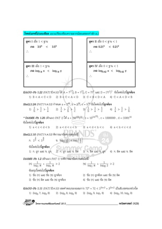 โครงการแบรนดซัมเมอรแคมป 2013_____________________________________ คณิตศาสตร (123)
โจทยเอกซโปเนนเชียล แนวเปรียบเทียบความมากนอยเลขยกกําลัง ม.2
KAiOU-Pb 1.22 (PAT1’มี.ค.53) ให A = 7(77), B = 777, C = 777 และ D = (777)7 ขอใดตอไปนี้ถูกตอง
1) B < A < C < D 2) B < C < A < D 3) C < B < D < A 4) C < A < D < B
SheLL1.24 (PAT1’ก.ค.53) กําหนด a = 248, b = 336, c = 524 ขอใดตอไปนี้ถูกตอง
1) b
1 > c
1 > a
1 2) a
1 > b
1 > c
1 3) b
1 > a
1 > c
1 4) a
1 > c
1 > b
1
**DiAMK-Pb 1.25 (ดักแนว PAT 1) ให a = (10100)10 , b = 10(1010) , c = 1000000! , d = (100!)10
ขอใดตอไปนี้ถูกตอง
1) a < c < d < b 2) a < d < c < b 3) a < d < b < c 4) a < b < c < d
SheLL1.10 (PAT1’ก.ค.53) พิจารณาขอความตอไปนี้
ก. 2
3
2 < 3
4
3 ข. log2 





8
3 < log3 





2
1
ขอใดตอไปนี้ถูกตอง
1) ก. ถูก และ ข. ถูก 2) ก. ถูก และ ข. ผิด 3) ก. ผิด และ ข. ถูก 4) ก. ผิด และ ข. ผิด
DiAMK-Pb 1.2 (ดักแนว PAT 1) จงพิจารณาขอความตอไปนี้
(ก) πlog
1
2
+ πlog
1
5
> 2 (ข) πlog
1
2
+ 2log
1
π
> 2
ขอสรุปใดตอไปนี้ถูกตอง
1) ขอ (ก) และ ขอ (ข) ถูกตอง 2) ขอ (ก) ถูกตอง และ ขอ (ข) ผิด
3) ขอ (ก) ผิด และ ขอ (ข) ถูกตอง 4) ขอ (ก) และ ขอ (ข) ผิด
KAiOU-Pb 1.11 (PAT1’มี.ค.53) เซตคําตอบของอสมการ 72x + 72 < 23x+3 + 32x+2 เปนสับเซตของชวงใด
1) (log8 7, log9 8) 2) (log9 8, log8 9) 3) (log8 9, log7 8) 4) (log9 10, log8 9)
สูตร I เมื่อ 1 < ฐาน
เจอ 3.5x < 3.5y
∴
สูตร II เมื่อ 0 < ฐาน < 1
เจอ 0.21x < 0.21y
∴
สูตร III เมื่อ 1 < ฐาน
เจอ log7.8 x < log7.8 y
∴
สูตร IV เมื่อ 0 < ฐาน < 1
เจอ log0.42 x < log0.42 y
∴
 