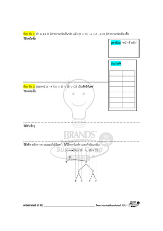 คณิตศาสตร (140)____________________________________ โครงการแบรนดซัมเมอรแคมป 2013
ชอย ขอ 1) ถา A ↔ B มีคาความจริงเปนจริง แลว (B ∧ C) → (∼A → C) มีคาความจริงเปนเท็จ
วิธีเหนือชั้น
ชอย ขอ 2) ประพจน A → [(A ∧ B) ∨ (B ∨ C)] เปนสัจนิรันดร
วิธีเหนือชั้น
วิธีทําเร็วๆ
วิธีจริง หลักการตรวจสอบสัจนิรันดร : ใชวิธีการจับเท็จ (แตกกิ่งยอนกลับ)
T F
F
F F
F F FT
A C)](BB)[(A ∨∨∧
สูตรนิยม “หนา ชี้ หลัง”
Sup’kลัด
 
