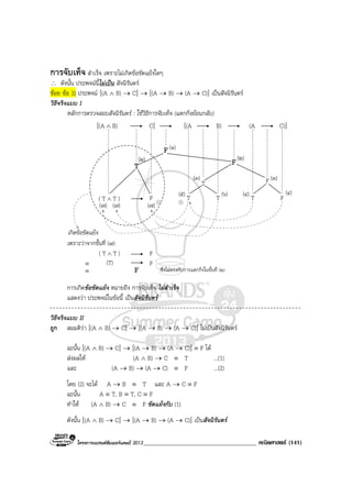 โครงการแบรนดซัมเมอรแคมป 2013_____________________________________ คณิตศาสตร (141)
การจับเท็จ สําเร็จ เพราะไมเกิดขอขัดแยงใดๆ
∴ ดังนั้น ประพจนนี้ไมเปน สัจนิรันดร
ชอย ขอ 3) ประพจน [(A ∧ B) → C] → [(A → B) → (A → C)] เปนสัจนิรันดร
วิธีจริงแบบ I
หลักการตรวจสอบสัจนิรันดร : ใชวิธีการจับเท็จ (แตกกิ่งยอนกลับ)
ซึ่งไมตรงกับการแตกกิ่งในขั้นที่ (๒)
เกิดขอขัดแยง
(๑)
T
F
T
T T T F
F
F(๒)
(๓)
(๔)(๔)
(๓)
(๕)
(๗)(๗) (๗)
F
(๒)
B)(A[ ∧ ]C B)(A[ ]C)(A
)TT( ∧
)TT( ∧
เพราะวาจากขั้นที่ (๗)
F
≡ (T) F
≡ F
(๖)
การเกิดขอขัดแยง หมายถึง การจับเท็จ ไมสําเร็จ
แสดงวา ประพจนในขอนี้ เปนสัจนิรันดร
วิธีจริงแบบ II
ถูก สมมติวา [(A ∧ B) → C] → [(A → B) → (A → C)] ไมเปนสัจนิรันดร
ฉะนั้น [(A ∧ B) → C] → [(A → B) → (A → C)] ≡ F ได
สงผลให (A ∧ B) → C ≡ T ...(1)
และ (A → B) → (A → C) ≡ F ...(2)
โดย (2) จะได A → B ≡ T และ A → C ≡ F
ฉะนั้น A ≡ T, B ≡ T, C ≡ F
ทําให (A ∧ B) → C ≡ F ขัดแยงกับ (1)
ดังนั้น [(A ∧ B) → C] → [(A → B) → (A → C)] เปนสัจนิรันดร
 