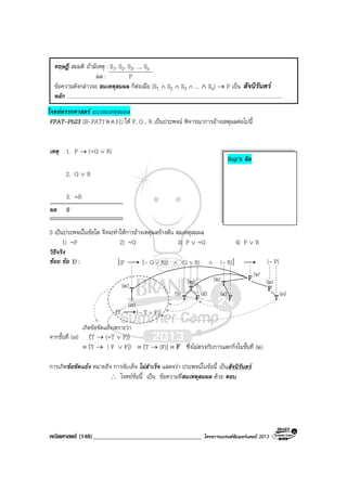 คณิตศาสตร (148)____________________________________ โครงการแบรนดซัมเมอรแคมป 2013
โจทยตรรกศาสตร แนวสมเหตุสมผล
FPAT-Pb23 (B-PAT1’ต.ค.51) ให P, Q , R เปนประพจน พิจารณาการอางเหตุผลตอไปนี้
เหตุ 1. P → (∼Q ∨ R)
2. Q ∨ R
3. ∼R
ผล S
S เปนประพจนในขอใด จึงจะทําใหการอางเหตุผลขางตน สมเหตุสมผล
1) ∼P 2) ∼Q 3) P ∨ ∼Q 4) P ∨ R
วิธีจริง
ชอย ขอ 1) ;
(๗)
เกิดขอขัดแยงเพราะวา
(๑)
F
F
(๒)
T(๓)
T(๒)
T
(๒)
F(๕)
F(๔)
T(๖)T(๒)
R)(QR)Q~(P )([ ∨∧∨ P][~]R)(~∧
)( F)T(~T ∨
จากขั้นที่ (๗) (T → (∼T ∨ F))
≡ (T → ( F ∨ F)) ≡ (T → (F)) ≡ F ซึ่งไมตรงกับการแตกกิ่งในขั้นที่ (๒)
การเกิดขอขัดแยง หมายถึง การจับเท็จ ไมสําเร็จ แสดงวา ประพจนในขอนี้ เปนสัจนิรันดร
∴ โจทยขอนี้ เปน ขอความที่สมเหตุสมผล ดวย ตอบ
ทฤษฎี สมมติ ถามีเหตุ : S1, S2, S3, ..., Sn
ผล : P
ขอความดังกลาวจะ สมเหตุสมผล ก็ตอเมื่อ [S1 ∧ S2 ∧ S3 ∧ ... ∧ Sn] → P เปน สัจนิรันดร
หลัก ...................................................................................................................................................................
Sup’k ลัด
 