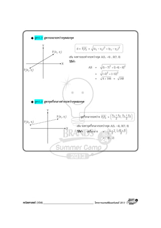 คณิตศาสตร (154)____________________________________ โครงการแบรนดซัมเมอรแคมป 2013
สูตร1.1! สูตรระยะระหวางจุดสองจุด
d = 21PP = 2
21
2
21 )y(y)x(x -- +
เชน จงหาระยะหางระหวางจุด A(5, -4) , B(7, 8)
วิธีทํา
AB = 22 )( 84)(7)(5 --- +
= 22 12)(2)( -- +
= 1444 + = 148
สูตร1.2! สูตรจุดกึ่งกลางหางระหวางจุดสองจุด
จุดกึ่งกลางระหวาง 21PP = 




 ++
2
yy,2
xx 2121
เชน จงหาจุดกึ่งกลางระหวางจุด A(5, -4), B(7, 8)
วิธีทํา จุดกึ่งกลาง = 




 ++
2
84)(,2
75 -
= (6 , 2)
Y
X
P1(x1, y1)
P2(x2, y2)
Y
X
P1(x1, y1)
P2(x2, y2)
 