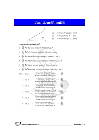 โครงการแบรนดซัมเมอรแคมป 2013______________________________________ คณิตศาสตร (27)
อัตราสวนตรีโกณมิติ
AB คือ ดานตรงขามมุมฉาก (ฉาก)
AC คือ ดานประชิดมุม A (ชิด)
BC คือ ดานตรงขามมุม A (ขาม)
เราจะเรียกอัตราสวนตางๆ ดังนี้
1. AB
BC คือ ไซน (sine) ของมุม A เขียนยอวา sin A
2. AB
AC คือ โคไซน (cosine) ของมุม A เขียนยอวา cos A
3. AC
BC คือ แทนเจนต (tangent) ของมุม A เขียนยอวา tan A
4. BC
AB คือ โคซีแคนต (cosecant) ของมุม A เขียนยอวา cosec A
5. AC
AB คือ ซีแคนต (secant) ของมุม A เขียนยอวา sec A
6. BC
AC คือ โคแทนเจนต (cotangent) ของมุม A เขียนยอวา cot A
โดย 1. sin A = Aมมุมดานตรงขาความยาวของ
มมุมฉากดานตรงขาความยาวของ
= ฉาก
ขาม
2. cos A = Aมุมดานประชิดความยาวของ
มมุมฉากดานตรงขาความยาวของ
= ฉาก
ชิด
3. tan A = Aมมุมดานตรงขาความยาวของ
Aมุมดานประชิดความยาวของ
= ชิด
ขาม
4. cosec A = ความยาวของดานตรงขามมุมฉาก
ความยาวของดานตรงขามมุม A
= ขาม
ฉาก
5. sec A = ความยาวของดานตรงขามมุมฉาก
ความยาวของดานประชิดมุม A
= ชิด
ฉาก
6. cot A = ความยาวของดานประชิดมุม A
ความยาวของดานตรงขามมุม A
= ขาม
ชิด
B
A C
 