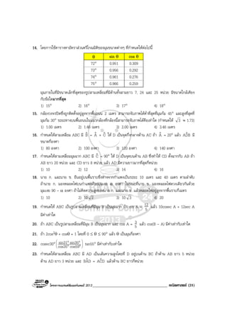 โครงการแบรนดซัมเมอรแคมป 2013______________________________________ คณิตศาสตร (31)
14. โดยการใชตารางหาอัตราสวนตรีโกณมิติของมุมขนาดตางๆ ที่กําหนดใหตอไปนี้
θ sin θ cos θ
72° 0.951 0.309
73° 0.956 0.292
74° 0.961 0.276
75° 0.966 0.259
มุมภายในที่มีขนาดเล็กที่สุดของรูปสามเหลี่ยมที่มีดานทั้งสามยาว 7, 24 และ 25 หนวย มีขนาดใกลเคียง
กับขอใดมากที่สุด
1) 15° 2) 16° 3) 17° 4) 18°
15. กลองวงจรปดซึ่งถูกติดตั้งอยูสูงจากพื้นถนน 2 เมตร สามารถจับภาพไดต่ําที่สุดที่มุมกม 45° และสูงที่สุดที่
มุมกม 30° ระยะทางบนพื้นถนนในแนวกลองที่กลองนี้สามารถจับภาพไดคือเทาใด (กําหนดให 3 ≈ 1.73)
1) 1.00 เมตร 2) 1.46 เมตร 3) 2.00 เมตร 4) 3.46 เมตร
16. กําหนดใหสามเหลี่ยม ABC มี Bˆ = Aˆ + Cˆ ให D เปนจุดกึ่งกลางดาน AC ถา Aˆ = 20° แลว BDAˆ มี
ขนาดกี่องศา
1) 80 องศา 2) 100 องศา 3) 120 องศา 4) 140 องศา
17. กําหนดใหสามเหลี่ยมมุมฉาก ABC มี Cˆ = 90° ให D เปนจุดบนดาน AB ซึ่งทําให CD ตั้งฉากกับ AB ถา
AB ยาว 20 หนวย และ CD ยาว 8 หนวย แลว AD มีความยาวมากที่สุดกี่หนวย
1) 10 2) 12 3) 14 4) 16
18. นาย ก. และนาย ข. ยืนอยูบนพื้นราบซึ่งหางจากกําแพงเปนระยะ 10 เมตร และ 40 เมตร ตามลําดับ
ถานาย ก. มองหลอดไฟบนกําแพงดวยมุมเงย α องศา ในขณะที่นาย ข. มองหลอดไฟดวงเดียวกันดวย
มุมเงย 90 - α องศา ถาไมคิดความสูงของนาย ก. และนาย ข. แลวหลอดไฟอยูสูงจากพื้นราบกี่เมตร
1) 10 2) 10 2 3) 10 3 4) 20
19. กําหนดให ABC เปนรูปสามเหลี่ยมที่มีมุม B เปนมุมฉาก ถา cot A = 5
12 แลว 10cosec A + 12sec A
มีคาเทาใด
20. ถา ABC เปนรูปสามเหลี่ยมที่มีมุม B เปนมุมฉาก และ cos A = 5
3 แลว cos(B - A) มีคาเทากับเทาใด
21. ถา 2cos2θ + cosθ = 1 โดยที่ 0 ≤ θ ≤ 90° แลว θ เปนมุมกี่องศา
22. cosec30° 





°°
°°
cos59cos35
sin35sin31 tan55° มีคาเทากับเทาใด
23. กําหนดใหสามเหลี่ยม ABC มี AD เปนเสนความสูงโดยที่ D อยูบนดาน BC ถาดาน AB ยาว 5 หนวย
ดาน AD ยาว 3 หนวย และ DABˆ = DCAˆ แลวดาน BC ยาวกี่หนวย
 
