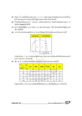 คณิตศาสตร (40)_____________________________________ โครงการแบรนดซัมเมอรแคมป 2013
25. มีกลอง 2 ใบ แตละใบมีลูกบอลหมายเลข 1, 2, 3, 4, 5 อยูอยางละลูก ถาสุมหยิบลูกบอลจากกลองทั้งสอง
ใบนี้ กลองละลูกแลว ความนาจะเปนที่จะไดลูกบอลหมายเลขตางกันเทากับเทาใด
26. ถานําตัวอักษรทั้งหมดจากคําวา AVATAR มาจัดเรียงเปนคําตางๆ โดยไมจําเปนตองมีความหมาย จะ
จัดเปนคําที่แตกตางกันไดกี่วิธี
27. ตองการจัดที่นั่งใหผูใหญ 3 คน กับเด็ก 4 คน เดินทางดวยรถยนต 7 ที่นั่ง โดยคนขับตองเปนผูใหญ จะมี
วิธีการจัดไดกี่วิธี
28. จากการสํารวจนักเรียนกลุมหนึ่งจํานวน 100 คน ไดขอมูลวามีนักเรียนที่สวมรองเทาขนาดตางๆ ดังนี้
เบอรรองเทา จํานวนนักเรียน
5 3
6 12
7 35
8 27
9 16
10 7
รวม 100 คน
ถาเลือกนักเรียน 1 คน จากนักเรียนกลุมนี้อยางสุม แลวความนาจะเปนที่จะเลือกไดนักเรียนสวมรองเทา
เบอร 6 หรือเบอร 7 เทากับเทาใด
29. เสื้อ 50 ตัว บรรจุในกลองใบหนึ่งมีขนาดและสีตางๆ เปนจํานวนตามตารางตอไปนี้
สี
ขนาด
แดง เขียว เหลือง น้ําเงิน สม รวม
S 2 1 2 3 1 9
M 4 5 5 2 3 19
L 3 3 3 4 5 18
XL 1 1 0 1 1 4
รวม 10 10 10 10 10 50
ถาสุมหยิบเสื้อมา 1 ตัว ความนาจะเปนที่จะไดเสื้อสีเขียวขนาด L หรือเสื้อสีสมขนาด S เทากับเทาใด
 
