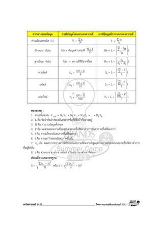 คณิตศาสตร (42)_____________________________________ โครงการแบรนดซัมเมอรแคมป 2013
คากลางของขอมูล กรณีขอมูลไมแจกแจงความถี่ กรณีขอมูลมีการแจกแจงความถี่
คาเฉลี่ยเลขคณิต (x) x = N
xΣ x = N
xfΣ
มัธยฐาน (Me) Me = ขอมูลตําแหนงที่ 2
1N +
Me = L +










M
M
f
F2
N -
I
ฐานนิยม (Mo) Mo = ความถี่ที่มีมากที่สุด Mo = L +








+ 21
1
dd
d I
ควอไทล Qr = 4
1)r(N +
Qr = L +










f
F2
rN -
I
เดไซล Dr = 10
1)r(N +
Dr = L +










f
F10
rN -
I
เปอรไซล Pr = 100
1)r(N +
Pr = L +










f
F100
rN -
I
หมายเหตุ :
1. คาเฉลี่ยสะสม รวมx = N1 1x + N2 2x + N3 3x + ... + Nk kx
2. L คือ ขีดจํากัดลางของอันตรภาคชั้นที่มีขีดจํากัดลางอยู
3. N คือ จํานวนขอมูลทั้งหมด
4. F คือ ผลรวมของความถี่ของอันตรภาคชั้นที่มีคาต่ํากวาอันตรภาคชั้นที่ตองการ
5. f คือ ความถี่ของอันตรภาคชั้นที่ตองการ
6. I คือ ความกวางของอันตรภาคชั้นนั้น
7. dn คือ ผลตางระหวางความถี่ของอันตรภาคที่มีความถี่สูงสุดกับความถี่ของอันตรภาคชั้นที่มีคาต่ํากวา
ที่อยูติดกัน
8. r คือ ตําแหนง ควอไทล เดไซล หรือเปอรเซนตไทล ที่ตองการ
สวนเบี่ยงเบนมาตรฐาน
S = N
)x(x 2
i -Σ
หรือ S = 2
2
i )x(N
)(x
-
Σ
 