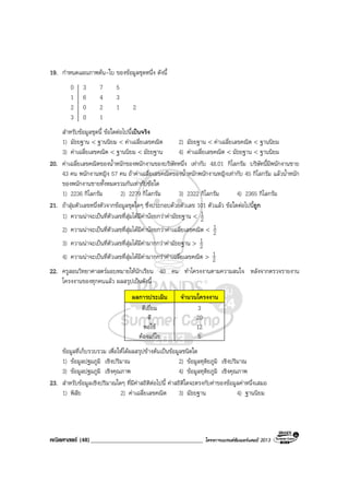 คณิตศาสตร (48)_____________________________________ โครงการแบรนดซัมเมอรแคมป 2013
19. กําหนดแผนภาพตน-ใบ ของขอมูลชุดหนึ่ง ดังนี้
0 3 7 5
1 6 4 3
2 0 2 1 2
3 0 1
สําหรับขอมูลชุดนี้ ขอใดตอไปนี้เปนจริง
1) มัธยฐาน < ฐานนิยม < คาเฉลี่ยเลขคณิต 2) มัธยฐาน < คาเฉลี่ยเลขคณิต < ฐานนิยม
3) คาเฉลี่ยเลขคณิต < ฐานนิยม < มัธยฐาน 4) คาเฉลี่ยเลขคณิต < มัธยฐาน < ฐานนิยม
20. คาเฉลี่ยเลขคณิตของน้ําหนักของพนักงานของบริษัทหนึ่ง เทากับ 48.01 กิโลกรัม บริษัทนี้มีพนักงานชาย
43 คน พนักงานหญิง 57 คน ถาคาเฉลี่ยเลขคณิตของน้ําหนักพนักงานหญิงเทากับ 45 กิโลกรัม แลวน้ําหนัก
ของพนักงานชายทั้งหมดรวมกันเทากับขอใด
1) 2236 กิโลกรัม 2) 2279 กิโลกรัม 3) 2322 กิโลกรัม 4) 2365 กิโลกรัม
21. ถาสุมตัวเลขหนึ่งตัวจากขอมูลชุดใดๆ ซึ่งประกอบดวยตัวเลข 101 ตัวแลว ขอใดตอไปนี้ถูก
1) ความนาจะเปนที่ตัวเลขที่สุมไดมีคานอยกวาคามัธยฐาน < 2
1
2) ความนาจะเปนที่ตัวเลขที่สุมไดมีคานอยกวาคาเฉลี่ยเลขคณิต < 2
1
3) ความนาจะเปนที่ตัวเลขที่สุมไดมีคามากกวาคามัธยฐาน > 2
1
4) ความนาจะเปนที่ตัวเลขที่สุมไดมีคามากกวาคาเฉลี่ยเลขคณิต > 2
1
22. ครูสอนวิทยาศาสตรมอบหมายใหนักเรียน 40 คน ทําโครงงานตามความสนใจ หลังจากตรวจรายงาน
โครงงานของทุกคนแลว ผลสรุปเปนดังนี้
ผลการประเมิน จํานวนโครงงาน
ดีเยี่ยม
ดี
พอใช
ตองแกไข
3
20
12
5
ขอมูลที่เก็บรวบรวม เพื่อใหไดผลสรุปขางตนเปนขอมูลชนิดใด
1) ขอมูลปฐมภูมิ เชิงปริมาณ 2) ขอมูลทุติยภูมิ เชิงปริมาณ
3) ขอมูลปฐมภูมิ เชิงคุณภาพ 4) ขอมูลทุติยภูมิ เชิงคุณภาพ
23. สําหรับขอมูลเชิงปริมาณใดๆ ที่มีคาสถิติตอไปนี้ คาสถิติใดจะตรงกับคาของขอมูลคาหนึ่งเสมอ
1) พิสัย 2) คาเฉลี่ยเลขคณิต 3) มัธยฐาน 4) ฐานนิยม
 