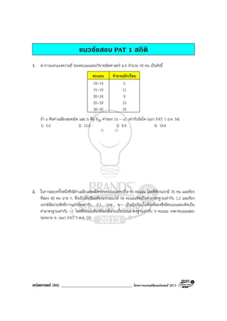 คณิตศาสตร (94) ____________________________________ โครงการแบรนดซัมเมอรแคมป 2013
แนวขอสอบ PAT 1 สถิติ
1. ตารางแจกแจงความถี่ ของคะแนนสอบวิชาคณิตศาสตร ม.6 จํานวน 50 คน เปนดังนี้
คะแนน จํานวนนักเรียน
10-14 5
15-19 11
20-24 9
25-29 15
30-35 10
ถา a คือคาเฉลี่ยเลขคณิต และ b คือ P90 คาของ |b - a| เทากับขอใด (แนว PAT 1 ธ.ค. 54)
1) 5.6 2) 15.6 3) 8.6 4) 18.6
2. ในการสอบครั้งหนึ่งซึ่งมีคาเฉลี่ยเลขคณิตของคะแนนสอบเปน 66 คะแนน โดยที่หองแรกมี 35 คน และหอง
ที่สอง 40 คน นาย ก. ซึ่งเปนนักเรียนหองแรกสอบได 56 คะแนนคิดเปนคามาตรฐานเทากับ 1.2 และหอง
แรกมีสัมประสิทธิ์การแปรผันเทากับ 0.1 นาย ข. เปนนักเรียนในหองที่สองซึ่งมีคะแนนสอบคิดเปน
คามาตรฐานเทากับ -1 โดยที่คะแนนหองที่สองมีสวนเบี่ยงเบนมาตรฐานเทากับ 9 คะแนน จงหาคะแนนสอบ
ของนาย ข. (แนว PAT 1 ต.ค. 55)
 
