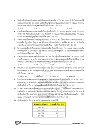 โครงการแบรนดซัมเมอรแคมป 2013______________________________________คณิตศาสตร (95)
3. นักเรียนหองหนึ่งสอบวิชาคณิตศาสตรไดคะแนนเฉลี่ยเลขคณิต เทากับ 40 คะแนน ถานักเรียนชายสอบได
คะแนนเฉลี่ยเลขคณิต 35 คะแนน และนักเรียนหญิงสอบไดคะแนนเฉลี่ยเลขคณิต 50 คะแนน อัตราสวน
ของนักเรียนชายตอนักเรียนหญิงตรงกับขอใดตอไปนี้ (PAT 1 มี.ค. 53)
1) 3 : 2 2) 2 : 3 3) 2 : 1 4) 1 : 2
4. คาเฉลี่ยเลขคณิตของคะแนนสอบของนักเรียนกลุมหนึ่งเทากับ 72 คะแนน ความแปรปรวน (ประชากร)
เทากับ 600 ถามีนักเรียนมาเพิ่มอีก 1 คน ซึ่งสอบได 60 คะแนน ทําใหคาเฉลี่ยเปลี่ยนไปเปน 70 คะแนน
ความแปรปรวนของขอมูลชุดใหมเทากับเทาใด (PAT 1 มี.ค. 53)
5. จากการสํารวจน้ําหนักของนักเรียนกลุมหนึ่งจํานวน 4 คน มี 2 คน น้ําหนักเทากันและหนักนอยกวาอีก 2
คนที่เหลือ ถาฐานนิยม มัธยฐาน และพิสัยของน้ําหนักของนักเรียน 4 คนนี้คือ 45, 46 และ 6 กิโลกรัม
ตามลําดับ แลวความแปรปรวนของน้ําหนักของนักเรียน 4 คนนี้เทากับเทาใด (PAT 1 มี.ค. 53)
6. ในการสอบคัดเลือกเขาศึกษาตอของโรงเรียนแหงหนึ่ง ถาสอบไดคะแนน 700 คะแนน แปลงคะแนนเปน
คามาตรฐานได 4 แตถาสอบได 400 คะแนน แปลงเปนคามาตรฐานได -2 แลวสัมประสิทธิ์การแปรผัน
เทากับรอยละเทาใด (PAT 1 มี.ค. 53)
7. ถาคะแนนสอบวิชาคณิตศาสตรของนักเรียน 30 คน มีคะแนนเฉลี่ยเลขคณิตเทากับ 60 คะแนน และมี
สวนเบี่ยงเบนมาตรฐาน เทากับ 10 ถาผลรวมของคามาตรฐานของคะแนนของนักเรียนกลุมนี้เพียง 29 คน
เทากับ 2.5 แลวนักเรียนอีก 1 คนที่เหลือสอบไดคะแนนเทากับขอใดตอไปนี้ (PAT 1 ก.ค. 53)
1) 35 2) 58 3) 60 4) 85
8. มีนักเรียน 5 คน รวมกันบริจาคเงินไดเงินรวม 360 บาท ความแปรปรวน (ประชากร) เทากับ 660 ถามี
นักเรียนเพิ่มอีก 1 คน มารวมบริจาคเปนเงิน 60 บาท ความแปรปรวนจะเพิ่มขึ้นหรือลดลงตรงกับขอใด
ตอไปนี้ (PAT 1 ก.ค. 53)
1) เพิ่มขึ้น 80 2) เพิ่มขึ้น 90 3) ลดลง 80 4) ลดลง 90
9. ในการสอบวิชาคณิตศาสตรของนักเรียนหองหนึ่ง ถานักเรียนคนหนึ่งในหองนี้สอบได 55 คะแนน คิดเปน
คะแนนมาตรฐาน ไดเทากับ 0.5 และสัมประสิทธิ์ของการแปรผัน (Coefficient of Variation) ของคะแนน
นักเรียนหองนี้ เทากับ 20% คะแนนเฉลี่ยของนักเรียนหองนี้เทากับเทาใด (PAT 1 ก.ค. 53)
10. สรางตารางแจกแจงความถี่ของคะแนนการสอบของนักเรียนกลุมหนึ่ง โดยใหความกวางของแตละอันตร-
ภาคชั้นเปน 10 แลวปรากฏวามัธยฐานของคะแนนการสอบเทากับ 57 คะแนนซึ่งอยูในชวง 50-59 ถามี
นักเรียนที่สอบไดคะแนนต่ํากวา 49.5 คะแนน อยูจํานวน 12 คน และมีนักเรียนไดคะแนนต่ํากวา 59.5
คะแนน อยูจํานวน 20 คน จงหาวานักเรียนกลุมนี้มีทั้งหมดกี่คน (PAT 1 ก.ค. 53)
11. นักเรียนกลุมหนึ่ง จํานวน 50 คน มีสวนสูงแสดงดังตารางตอไปนี้
สวนสูง (เซนติเมตร) จํานวนนักเรียน (คน)
156-160 6
161-165 15
166-170 21
171-175 8
 