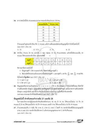 คณิตศาสตร (98) ____________________________________ โครงการแบรนดซัมเมอรแคมป 2013
24. ตารางตอไปนี้เปน คะแนนสอบปลายภาคของนักเรียนจํานวน 100 คน
คะแนนไมเกิน จํานวน (คน)
15 14
20 36
25 63
30 91
35 96
40 100
ถาคะแนนต่ําสุดของนักเรียน คือ 11 คะแนน แลวคาเฉลี่ยเลขคณิตของขอมูลชุดนี้เทากับขอใดตอไปนี้
(แนว PAT 1 มี.ค. 55)
1) 15 2) 17.5 3) 21 4) 23
25. นักเรียน จํานวน 20 คน แบงเปน 2 กลุม กลุมละ 10 คน ทําแบบทดสอบ ฉบับหนึ่งมีคะแนนเต็ม 20
คะแนน ไดคะแนนของนักเรียน แตละคนดังนี้
กลุมที่ 1 8 7 6 5 7 6 9 10 3 6
กลุมที่ 2 6 12 8 7 9 6 15 7 1 5
พิจารณาขอความตอไปนี้
ก. ขอมูลกลุมที่ 1 มีความแตกตางกัน นอยกวาขอมูลกลุมที่ 2
ข. สัมประสิทธิ์ของสวนเบี่ยงเบนควอรไทลของกลุมที่ 1 และกลุมที่ 2 เทากับ 28
5 และ 14
9 ตามลําดับ
ขอใดตอไปนี้ถูกตอง (แนว PAT 1 มี.ค. 55)
1) ก. และ ข. ถูก 2) ก. ถูก แต ข. ผิด
3) ก. ผิด แต ข. ถูก 4) ก. และ ข. ผิด
26. ขอมูลชุดหนึ่งประกอบดวยจํานวน 9, 1, 4, 1, 3, 1, x ให A เปนเซตของ x ที่เปนไปไดทั้งหมด ซึ่งทําให
คาเฉลี่ยเลขคณิต มัธยฐาน และฐานนิยม ของขอมูลชุดนี้ มีคาแตกตางกันทั้งหมด และในบรรดาคาเฉลี่ยเลขคณิต
มัธยฐาน และฐานนิยม เหลานี้นํามาจัดเรียงกันใหมจากนอยไปมากแลวเปนลําดับเลขคณิต
จงหาผลบวกของสมาชิกทั้งหมดในเซต A (แนว PAT 1 มี.ค. 55)
ขอมูลตอไปนี้ สําหรับตอบคําถามขอ 27 และขอ 28
ในการสอบวิชาภาษาญี่ปุนของนักเรียนหองหนึ่งจํานวน 60 คน มี 34 คน ไดคะแนนในชวง 10 ถึง 39
คะแนน มี 20 คน ไดคะแนนในชวง 40 ถึง 49 คะแนน และมี 6 คน ไดคะแนนในชวง 50 ถึง 59 คะแนน
27. ถาแบงคะแนนเปน 3 ระดับ คือ เกรด A, เกรด B, เกรด C โดยที่ 5% ของนักเรียนที่ไดคะแนนสูงสุดได
เกรด A และ 25% ของนักเรียนไดเกรด B แลวคะแนนสูงสุดของเกรด C เทากับกี่คะแนน
(แนว PAT 1 มี.ค. 55)
 