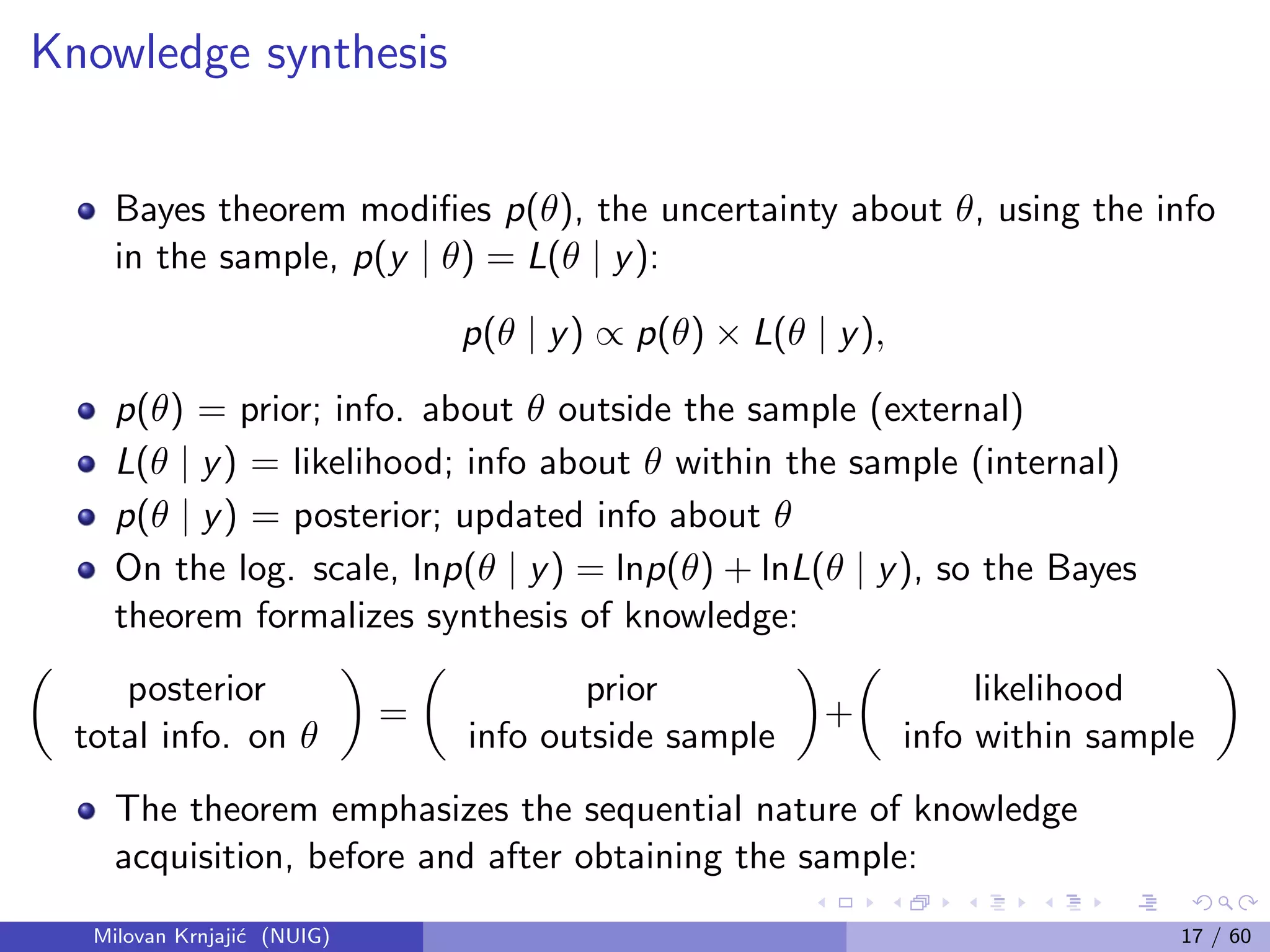 Knowledge synthesis
Bayes theorem modiﬁes p(θ), the uncertainty about θ, using the info
in the sample, p(y | θ) = L(θ | y):
p(θ | y) ∝ p(θ) × L(θ | y),
p(θ) = prior; info. about θ outside the sample (external)
L(θ | y) = likelihood; info about θ within the sample (internal)
p(θ | y) = posterior; updated info about θ
On the log. scale, lnp(θ | y) = lnp(θ) + lnL(θ | y), so the Bayes
theorem formalizes synthesis of knowledge:
posterior
total info. on θ
=
prior
info outside sample
+
likelihood
info within sample
The theorem emphasizes the sequential nature of knowledge
acquisition, before and after obtaining the sample:
Milovan Krnjaji´c (NUIG) 17 / 60
 