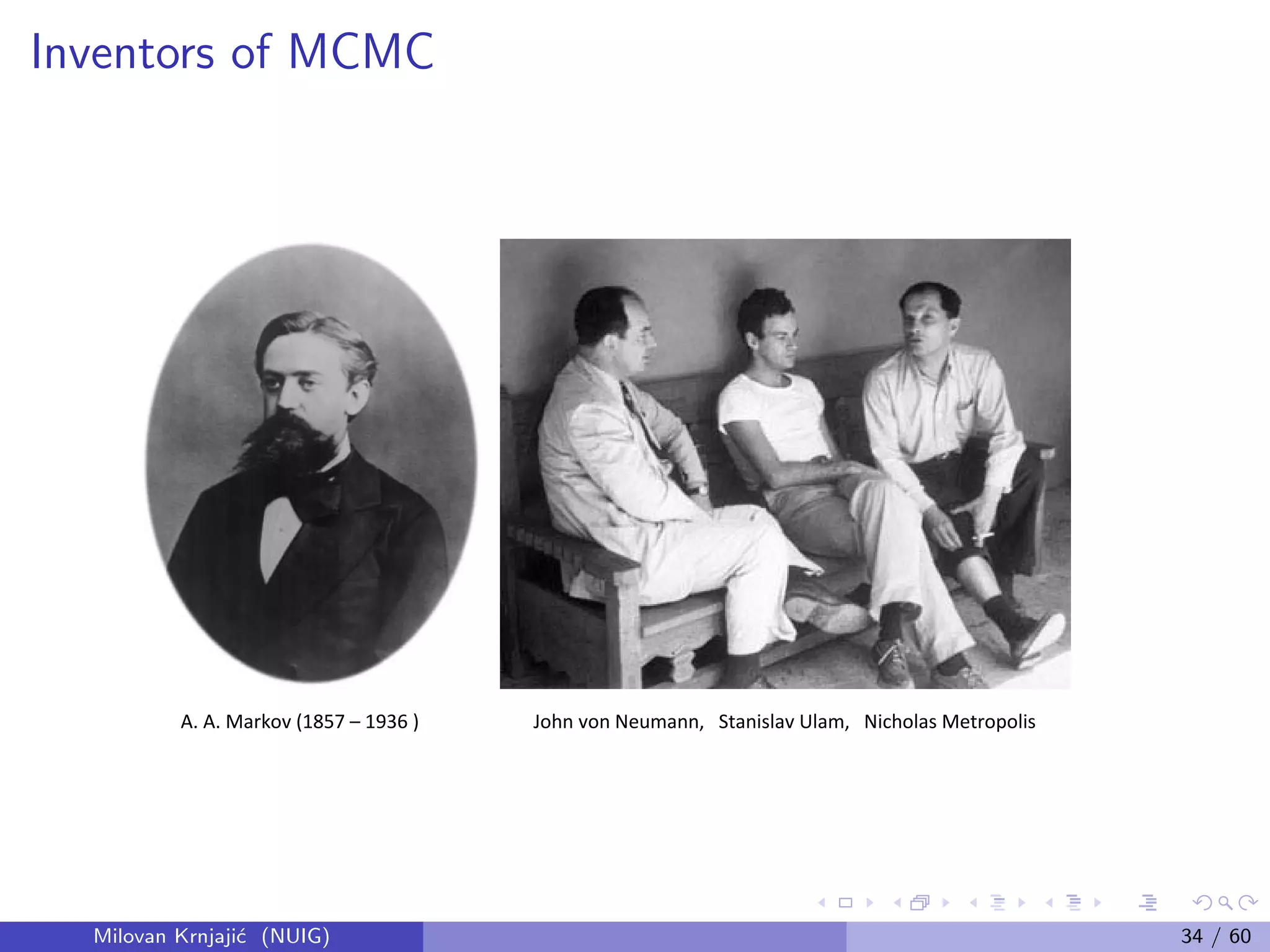 Inventors of MCMC
A. A. Markov (1857 – 1936 ) John von Neumann, Stanislav Ulam, Nicholas Metropolis
Milovan Krnjaji´c (NUIG) 34 / 60
 