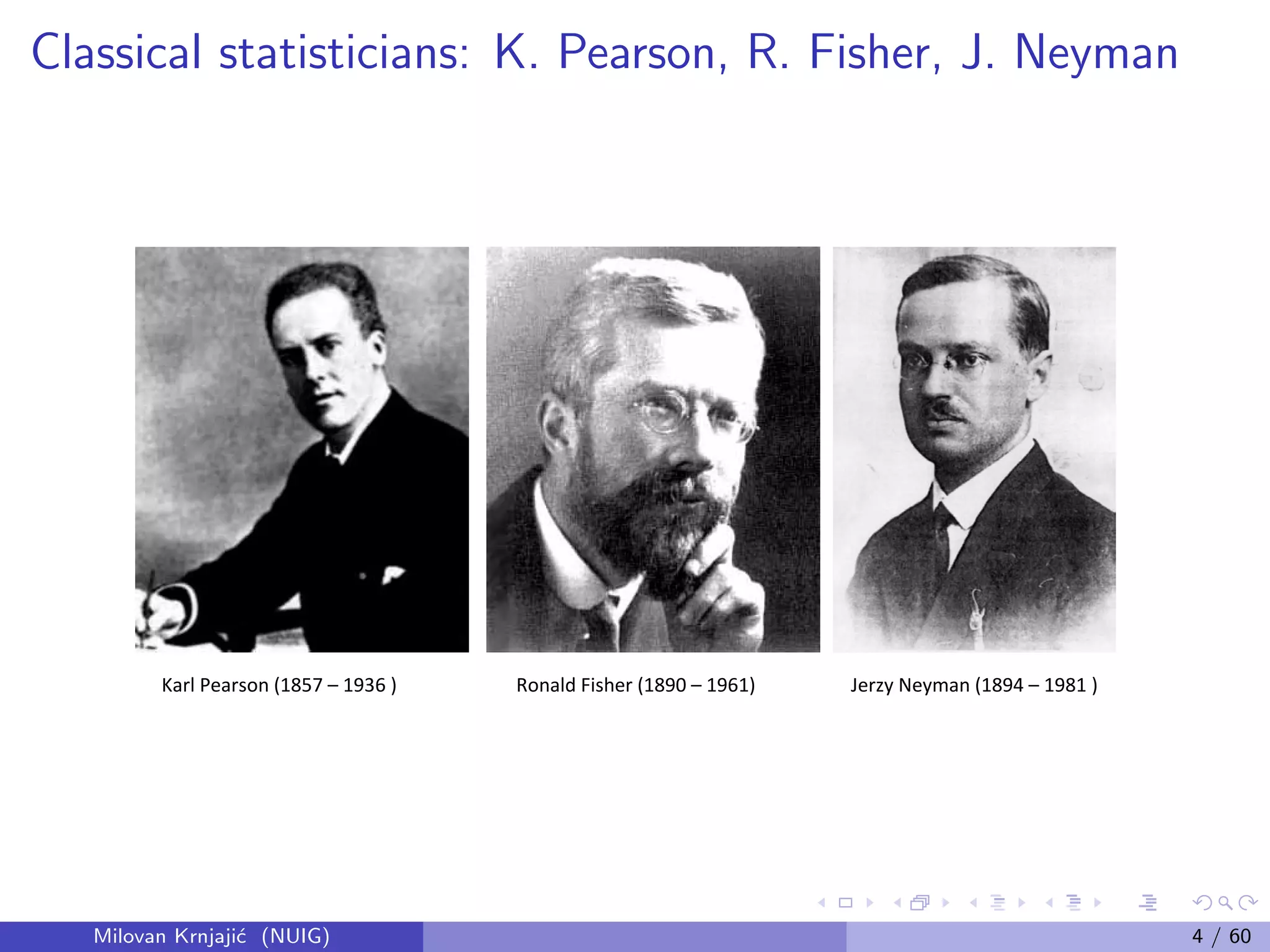 Classical statisticians: K. Pearson, R. Fisher, J. Neyman
Karl Pearson (1857 – 1936 ) Ronald Fisher (1890 – 1961) Jerzy Neyman (1894 – 1981 )
Milovan Krnjaji´c (NUIG) 4 / 60
 