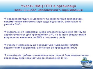 Участь НМЦ ПТО в організації 
зовнішнього незалежного оцінювання 
 надання методичної допомоги та консультацій викладачам- 
предметникам випускних груп щодо підготовки, реєстрації та 
участі в ЗНО; 
 узагальнення інформації щодо кількості випускників ПТНЗ, які 
зареєструвалися для проходження ЗНО та за його результатами 
вступили на навчання до ВНЗ у поточному році; 
 участь у семінарах, що проводяться Львівським РЦОЯО 
педагогічних працівників, залучених до проведення ЗНО; 
 організація роботи з оновлення електронної бази педагогічного 
персоналу, який залучається до проведення ЗНО. 
 