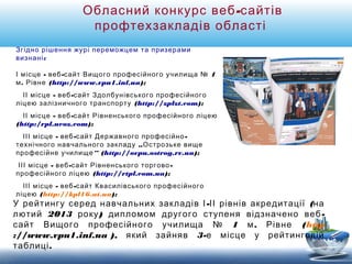 Обласний конкурс веб-сайтів 
профтехзакладів області 
Згідно рішення журі переможцем та призерами 
визнані: 
І місце - веб-сайт Вищого професійного училища № 1 
м. Рівне (http://www.vpu1.inf.ua); 
ІІ місце - веб-сайт Здолбунівського професійного 
ліцею залізничного транспорту (http://zplzt.com); 
ІІ місце - веб-сайт Рівненського професійного ліцею 
(http:/rpl.ucoz.com); 
ІІІ місце - веб-сайт Державного професійно- 
технічного навчального закладу „Острозьке вище 
професійне училище“ (http://ovpu.ostrog.rv.ua); 
ІІІ місце - веб-сайт Рівненського торгово- 
професійного ліцею (http://rtpl.com.ua); 
ІІІ місце - веб-сайт Квасилівського професійного 
ліцею (http://kpl16.at.ua); 
У рейтингу серед навчальних закладів І-ІІ рівнів акредитації (на 
лютий 2013 року) дипломом другого ступеня відзначено веб- 
сайт Вищого професійного училища № 1 м. Рівне (http 
://www.vpu1.inf.ua ), який зайняв 3-е місце у рейтинговій 
таблиці. 
 
