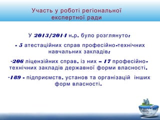 Участь у роботі регіональної 
експертної ради 
У 2013/2014 н.р. було розглянуто: 
- 5 атестаційних справ професійно-технічних 
навчальних закладів; 
-206 ліцензійних справ, із них – 17 професійно- 
технічних закладів державної форми власності, 
-189 - підприємств, установ та організацій інших 
форм власності. 
 