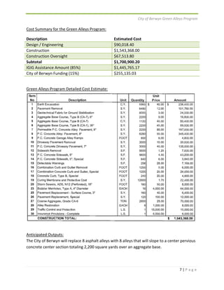 City of Berwyn Green Alleys Program 
7 | P a g e 
Cost Summary for the Green Alleys Program: 
Description Estimated Cost 
Design / Engineering $90,018.40 
Construction $1,543,368.00 
Construction Oversight $67,513.80 
Subtotal $1,700,900.20 
IGIG Assistance Amount (85%) $1,445,765.17 
City of Berwyn Funding (15%) $255,135.03 
Green Alleys Program Detailed Cost Estimate: 
Anticipated Outputs: 
The City of Berwyn will replace 8 asphalt alleys with 8 alleys that will slope to a center pervious 
concrete center section totaling 2,200 square yards over an aggregate base. 
 