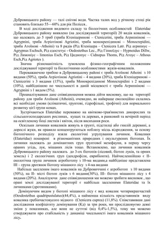 Дубровицького району — талі снігові води. Частка талих вод у річному стоці рік становить близько 55—60% для рік Полісся.. 
В ході дослідження видового складу та біологічних особливостей Elateridae Дубровицького району виявлено (на досліджуваній території) 20 видів коваликів, що належать до 5 триб (триба Ктеніцеринові – Ctenicerini, триба Агрипнінові — Agrypninі, триба Агріотінові Agriotini, триба монокрепідинові – Monocrepidini, триба Атоїнові –Athoini) та 8 рядів (Рід Ктеніцера – Ctenicera Latr. Рід агрипнус – Agrypnus Eschsch, Рід едостетус - Oedostethus Lec., Рід Гіпноїдус – Hypnoidus Dillw, Рід Лимоніус – limonius Esch, Рід Циднопус – Cidnopus Thoms, Рід Атоус – Athous Esch,Рід Agriotes ). Значна різноманітність зумовлена фізико-географічним положенням досліджуваної території та біологічними особливостями жуків-коваликів. 
Переважаючою трибою в Дубровицькому районі є триба Атоїнові Athoini з 10 видами (50%), триба Агріотінові Agriotini – 4 видами (20%), триба Ктеніцеринові – Ctenicerini з 3 видами (15%), триба Монокрепідинові Monocrepidini з 2 видами (10%), найбіднішою по чисельності в даній місцевості є триба Агрипнінові — Agrypninі з 1 видом (5%). 
Проаналізувавши дане співвідношення можна дійти висновку, що на території району для триби Атоїнові (Athoini), очевидно, як найкраще еволюційно склались всі необхідні умови (кліматичні, грунтові, гідрофільні, трофічні) для нормального розвитку цієї групи комах. 
Зустрічаються Elateridae переважно на квітково-трав'янистих дикорослих та сільськогосподарських рослинах, кущах та деревах, в ранковий та вечірній період на освітленому боці листків і квіток, після висихання роси. 
Оскільки личинки коваликів живуть в грунті, підстилці або гнилій деревині, а дорослі жуки, як правило концентруєються поблизу місць відродження, за основу біотопічного розподілу взяли екологічні угрупування личинок. Ковалики (Elateridae) поширені в різноманітних природних і окультурених біотопах. Їх личинки належать до домінантних груп ґрунтової мезофауни, в першу чергу ораних угідь, лук, мішаних лісів тощо. Встановлено, що личинки коваликів Дубровицького району належать до 3-ох біотопів (лісовий, біотоп луків, та орних земель) і 2 екологічних груп (дендрофіли, еврибіонти). Найчисленнійшю є ІІ- екологічна група личинок агробіотопу з 10-ма видами,а найбідніше представлена ІІІ – група дротянок біотопу мішаного лісу з 4-ма видами 
Набільш заселеним імаго коваликів на Дубровиччині є агробіотоп з 10 видами (50%), на ІІ- місті біотоп луків з 6 видами(30%), ІІІ- біотоп мішаного лісу з 4 видами (20%). Аналізуючи дане співвідношення ми можемо зробити висновок , що орані землі досліджуваної території є найбільш заселеними Elateridae та їх личинками (дротяниками). 
Домінуючим видом у біотопі мішаного лісу є вид ковалик чотирикрапчастий (Oesdostethus quadripustulatus)(44,4%), а найменша кількість представників виду ковалика гребінчастовусого мідного (Ctenicera cuprea) (11,8%). Співставивши дані дослідження коефіцієнту домінування (Кд) за три роки, ми прослідковуємо деякі зміни у показниках, але вони не суттєві (від 0,4%-1,5%), тому ми можемо стверджувати про стабільність у динаміці чисельності імаго коваликів мішаного лісу.  