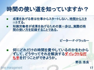17 
時間の使い道を知っていますか？ 
成果をあげる者は仕事からスタートしない。時間からスタ ートする。 
知識労働者が成果をあげるための第一歩は、実際の時 間の使い方を記録することである。 
ピーター・Ｆ・ドラッカー 
何にどれだけの時間を費やしているのかをわから ずして、どうやってそれを解決するダイレクトな打 ち手を打つことができようか。 
野呂 浩良  