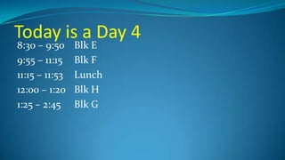 Today is a Day 4
8:30 – 9:50
9:55 – 11:15
11:15 – 11:53
12:00 – 1:20
1:25 – 2:45

Blk E
Blk F
Lunch
Blk H
Blk G

 