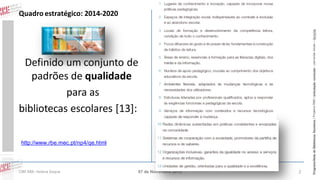 Definido um conjunto de
padrões de qualidade
para as
bibliotecas escolares [13]:
http://www.rbe.mec.pt/np4/qe.html

CIBE RBE: Helena Duque

07 de Novembro 2013

2

Programa Rede de Bibliotecas Escolares | Projetos RBE | articulação curricular – parcerias locais – lieracias

Quadro estratégico: 2014-2020

 