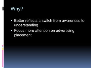 Why?

 Better reflects a switch from awareness to
  understanding
 Focus more attention on advertising
  placement
 