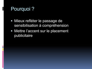 Pourquoi ?

 Mieux refléter le passage de
  sensibilisation à compréhension
 Mettre l’accent sur le placement
  publicitaire
 