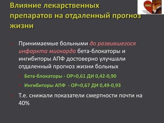 • Принимаемые больными до развившегося
инфаркта миокарда бета-блокаторы и
ингибиторы АПФ достоверно улучшали
отдаленный прогноз жизни больных
• Бета-блокаторы - ОР=0,61 ДИ 0,42-0,90
• Ингибиторы АПФ - ОР=0,67 ДИ 0,49-0,93
• Т.е. снижали показатели смертности почти на
40%
 