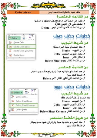 12
‫يمين‬ ‫االعمدة‬ ‫بالكاملواذاحة‬ ‫عمود‬ ‫حذف‬Entire column
1.‫اسفلها‬ ‫او‬ ‫يمينها‬ ‫خليه‬ ‫ادراج‬ ‫المراد‬ ‫الخلية‬ ‫على‬ ‫نقف‬
2.‫للفارة‬ ‫االيمن‬ ‫الزر‬ ‫على‬ ‫نضغط‬
3.‫االمر‬ ‫نختار‬ ‫المختصرة‬ ‫القائمة‬ ‫من‬Delete
‫ـــــــــــــــــــــــــــــــــــــــــــــــــــــــــــــــــــــــــــــــــــــــــــــــــــــــــــــــــــــــــــــ‬‫ـــــــــــــــــــــــــــــــــــ‬
1.‫خلية‬ ‫أو‬ ‫الصف‬ ‫حدد‬‫حذفه‬ ‫المراد‬
2.‫التبويب‬ ‫من‬Home
3.‫التبويب‬ ‫التبويب‬ ‫نختار‬Cells
4.‫االمر‬ ‫نختار‬Insert
5.‫نختار‬ ‫القائمة‬ ‫من‬Delete Sheet row
1..‫أعاله‬ ‫جديد‬ ‫صف‬ ‫إدراج‬ ‫يتم‬ ‫حيث‬ ‫به‬ ‫خلية‬ ‫أو‬ ‫الصف‬ ‫حدد‬
2.‫يمين‬ ‫كليك‬ ‫اضغط‬
3.‫اخ‬ ‫تظهر‬ ‫التى‬ ‫القائمة‬ ‫من‬‫االمر‬ ‫تار‬Delete
‫ـــــــــــــــــــــــــــــــــــــــــــــــــــــــــــــــــــــــــــــــــــــــــــــــــــــــــــــــــــــــــــــ‬‫ـــــــــــــــــــــــــــــــــــ‬
‫خلية‬ ‫أو‬ ‫العمود‬ ‫حدد‬‫حذفه‬ ‫المراد‬
1.‫التبويب‬ ‫من‬Home
2.‫التبويب‬ ‫التبويب‬ ‫نختار‬Cells
3.‫االمر‬ ‫نختار‬Insert
4.‫نختار‬ ‫القائمة‬ ‫من‬Delete Sheet Column
1..‫يمينه‬ ‫جديد‬ ‫عمود‬ ‫إدراج‬ ‫يتم‬ ‫حيث‬ ‫به‬ ‫خلية‬ ‫أو‬ ‫العمود‬ ‫حدد‬
2.‫يمين‬ ‫كليك‬ ‫اضغط‬
 