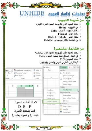11
1.‫اظهاره‬ ‫المراد‬ ‫العمود‬ ‫وبعد‬ ‫قبل‬ ‫الذى‬ ‫العمود‬ ‫نحدد‬
2.‫التبويب‬ ‫من‬Home
3.‫التبويب‬ ‫التبويب‬ ‫نختار‬Cells
4.‫االمر‬ ‫نختار‬Format
5.‫االمر‬ ‫نختار‬Hide & Unhide
1.‫نختار‬ ‫القائمة‬ ‫من‬Unhide column
1.‫وبع‬ ‫قبل‬ ‫الذي‬ ‫العمود‬ ‫نحدد‬‫إخفائه‬ ‫تم‬ ‫الذي‬ ‫العمود‬ ‫د‬
2.‫العمود‬ ‫بإخفاء‬ ‫قمنا‬ ‫السابق‬ ‫المثال‬ ‫في‬F-d-e
3.‫العمودين‬ ‫نحدد‬C.G
4.‫ونختار‬ ‫األيمن‬ ‫الماوس‬ ‫زر‬ ‫انقر‬ ‫ثم‬Unhide
‫العمود‬ ‫اختفاء‬ ‫الحظ‬
D- E – F
‫العمود‬ ‫بتحديد‬ ‫قمنا‬
‫قبله‬C‫بعده‬ ‫وعمود‬G
 