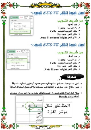 19
1.‫العمود‬ ‫حدد‬
2.‫التبويب‬ ‫من‬Home
3.‫التبويب‬ ‫التبويب‬ ‫نختار‬Cells
4.‫االمر‬ ‫نختار‬Format
5.‫االمر‬ ‫نختار‬Auto fit column Wight
1.‫الصف‬ ‫حدد‬
2.‫التبويب‬ ‫من‬Home
3.‫التبويب‬ ‫التبويب‬ ‫نختار‬Cells
4.‫االمر‬ ‫نختار‬Format
5.‫االمر‬ ‫نختار‬Auto fit row height
‫ل‬‫ا‬ ‫عددة‬ ‫اتساع‬ ‫تغير‬‫اوال‬ ‫بتحديدها‬ ‫نقوم‬ ‫اخفائها‬ ‫او‬ ‫عمدة‬‫السابقة‬ ‫الخطوات‬ ‫تطبيق‬ ‫ثم‬
‫ل‬‫تغير‬‫ارتفاع‬‫عددة‬‫صفوف‬‫اوال‬ ‫بتحديدها‬ ‫نقوم‬ ‫اخفائها‬ ‫او‬‫السابقة‬ ‫الخطوات‬ ‫تطبيق‬ ‫ثم‬
‫ثم‬ ‫صفين‬ ‫او‬ ‫عمودين‬ ‫بين‬ ‫بالماوس‬ ‫بالوقف‬ ‫الصف‬ ‫او‬ ‫للعمود‬ ‫تلقائي‬ ‫اتساع‬ ‫عمل‬ ‫يمكن‬
‫الضغط‬Double click
‫ملحوظ‬‫ة‬
‫شكل‬ ‫تغير‬ ‫الحظ‬
‫الفارة‬ ‫مؤشر‬
 