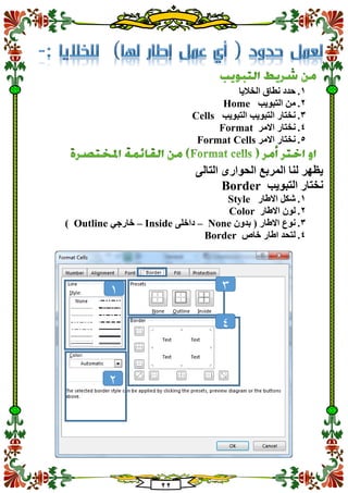22
1.‫الخاليا‬ ‫نطاق‬ ‫حدد‬
2.‫التبويب‬ ‫من‬Home
3.‫التبو‬ ‫نختار‬‫التبويب‬ ‫يب‬Cells
4.‫االمر‬ ‫نختار‬Format
5.‫االمر‬ ‫نختار‬Format Cells
‫التالى‬ ‫الحوارى‬ ‫المربع‬ ‫لنا‬ ‫يظهر‬
‫التبويب‬ ‫نختار‬Border
1.‫االطار‬ ‫شكل‬Style
2.‫االطار‬ ‫لون‬Color
3.‫بدون‬ ( ‫االطار‬ ‫نوع‬None–‫داخلى‬Inside–‫خارجي‬Outline)
4.‫خاص‬ ‫اطار‬ ‫لتحد‬Border
1 3
2
4
 