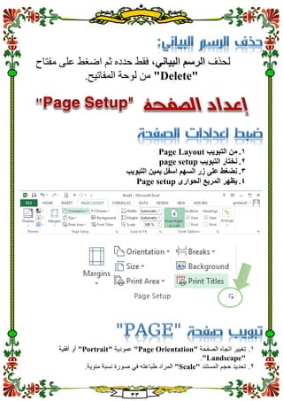 33
‫لحذف‬‫البياني‬ ‫الرسم‬‫مفتاح‬ ‫على‬ ‫اضغط‬ ‫ثم‬ ‫حدده‬ ‫فقط‬ ،
"Delete".‫المفاتيح‬ ‫لوحة‬ ‫من‬
1.‫التبويب‬ ‫من‬Page Layout
2.‫التبويب‬ ‫نختار‬page setup
3.‫التبويب‬ ‫يمين‬ ‫اسفل‬ ‫السهم‬ ‫زر‬ ‫على‬ ‫نضغط‬
4.‫الحوارى‬ ‫المربع‬ ‫يظهر‬Page setup
1.‫الصفحة‬ ‫اتجاه‬ ‫تغيير‬"Page Orientation"‫عمودية‬"Portrait"‫أفقية‬ ‫أو‬
"Landscape".
2.‫ال‬ ‫حجم‬ ‫تحديد‬‫مستند‬"Scale".‫مئوية‬ ‫نسبة‬ ‫صورة‬ ‫في‬ ‫طباعته‬ ‫المراد‬
 