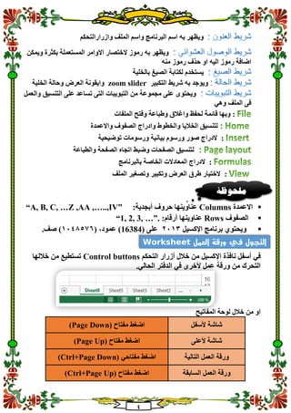 4
‫وازرارالتحكم‬ ‫الملف‬ ‫واسم‬ ‫البرنامج‬ ‫اسم‬ ‫به‬ ‫ويظهر‬
‫الختصا‬ ‫رموز‬ ‫به‬ ‫ويظهر‬‫ويمكن‬ ‫بكثرة‬ ‫المستعملة‬ ‫االوامر‬ ‫ر‬
‫منه‬ ‫رموز‬ ‫حذف‬ ‫او‬ ‫اليه‬ ‫رموز‬ ‫اضافة‬
‫بالخلية‬ ‫الصيغ‬ ‫لكتابة‬ ‫يستخدم‬
‫التكبير‬ ‫شريط‬ ‫به‬ ‫ويوجد‬zoom slider‫الخلية‬ ‫وحالة‬ ‫العرض‬ ‫وايقونة‬
‫التنسي‬ ‫على‬ ‫تساعد‬ ‫التى‬ ‫التبويبات‬ ‫من‬ ‫مجموعة‬ ‫على‬ ‫ويحتوى‬‫ق‬‫والعمل‬
‫وهي‬ ‫الملف‬ ‫فى‬
:‫الملفات‬ ‫وفتح‬ ‫وطباعة‬ ‫واغالق‬ ‫لحفظ‬ ‫قائمة‬ ‫وبها‬
‫واالعمدة‬ ‫الصفوف‬ ‫وادراج‬ ‫والخطوط‬ ‫الخاليا‬ ‫لتنسيق‬
:‫توضيحية‬ ‫ورسومات‬ ‫بيانية‬ ‫ورسوم‬ ‫صور‬ ‫الدراج‬
‫والطباعة‬ ‫الصفحة‬ ‫اتجاه‬ ‫وضبط‬ ‫الصفحات‬ ‫لتنسيق‬
:‫الدراج‬‫بالبرنامج‬ ‫الخاصة‬ ‫المعادالت‬
:‫الملف‬ ‫وتصغير‬ ‫وتكبير‬ ‫العرض‬ ‫طرق‬ ‫الختيار‬
‫اال‬‫عمدة‬Columns:‫أبجدية‬ ‫حروف‬ ‫عناوينها‬“A, B, C, …Z ,AA ,…..,IV”
‫الصفوف‬Rows:‫أرقام‬ ‫عناوينها‬“1, 2, 3, …”.
‫اإلكسيل‬ ‫برنامج‬ ‫ويحتوي‬2113( ‫على‬16384( ،‫عمود‬ )1148501.‫صف‬ )
‫اإلكسيل‬ ‫نافذة‬ ‫أسفل‬ ‫في‬‫خالل‬ ‫من‬‫التحكم‬ ‫أزرار‬Control buttons‫خاللها‬ ‫من‬ ‫تستطيع‬
.‫الحالي‬ ‫الدفتر‬ ‫في‬ ‫ألخرى‬ ‫عمل‬ ‫ورقة‬ ‫من‬ ‫التحرك‬
‫المفاتيح‬ ‫لوحة‬ ‫خالل‬ ‫من‬ ‫او‬
( ‫مفتاح‬ ‫اضغط‬Page Down) ‫ألسفل‬ ‫شاشة‬
( ‫مفتاح‬ ‫اضغط‬Page Up) ‫ألعلى‬ ‫شاشة‬
( ‫مفتاحي‬ ‫اضغط‬Ctrl+Page Down) ‫الع‬ ‫ورقة‬‫التالية‬ ‫مل‬
( ‫مفتاح‬ ‫اضغط‬Ctrl+Page Up) ‫السابقة‬ ‫العمل‬ ‫ورقة‬
‫ملحوظ‬‫ة‬
‫العمل‬ ‫ورقة‬ ‫في‬ ‫التجول‬Worksheet
 