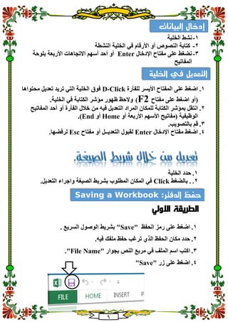 1
1-‫الخلية‬ ‫نشط‬
2-‫النشطة‬ ‫الخلية‬ ‫في‬ ‫األرقام‬ ‫أو‬ ‫النصوص‬ ‫كتابة‬
3-‫اإلدخال‬ ‫مفتاح‬ ‫على‬ ‫نضغط‬Enter‫بلوحة‬ ‫األربعة‬ ‫االتجاهات‬ ‫أسهم‬ ‫أحد‬ ‫أو‬
‫المفاتيح‬
1.‫للفأرة‬ ‫األيسر‬ ‫المفتاح‬ ‫على‬ ‫اضغط‬D-Click‫محتواها‬ ‫تعديل‬ ‫تريد‬ ‫التي‬ ‫الخلية‬ ‫فوق‬
‫مفتاح‬ ‫على‬ ‫اضغط‬ ‫(أو‬(F2‫ظ‬ ‫والحظ‬.‫الخلية‬ ‫في‬ ‫الكتابة‬ ‫مؤشر‬ ‫هور‬
2.‫المفاتيح‬ ‫أحد‬ ‫أو‬ ‫الفأرة‬ ‫خالل‬ ‫من‬ ‫فيه‬ ‫التعديل‬ ‫المراد‬ ‫للمكان‬ ‫الكتابة‬ ‫بمؤشر‬ ‫انتقل‬
‫أو‬ ‫األربعة‬ ‫األسهم‬ ‫(مفاتيح‬ ‫الوظيفية‬Home‫أو‬End.)
3..‫بالتصويب‬ ‫قم‬
4.‫اإلدخال‬ ‫مفتاح‬ ‫اضغط‬Enter‫مفتاح‬ ‫أو‬ ‫التعديــل‬ ‫لقبول‬Esc.‫لرفضها‬
1.‫الخلية‬ ‫حدد‬
2..‫بالضغط‬Click.‫التعديل‬ ‫واجراء‬ ‫الصيغة‬ ‫بشريط‬ ‫المطلوب‬ ‫المكان‬ ‫في‬
‫االولي‬ ‫الطريقة‬
1." ‫الحفظ‬ ‫رمز‬ ‫على‬ ‫اضغط‬Save‫بشريط‬ "‫السريع‬ ‫الوصول‬.
2..‫فيه‬ ‫ملفك‬ ‫حفظ‬ ‫ترغب‬ ‫الذي‬ ‫الحفظ‬ ‫مكان‬ ‫حدد‬
3." ‫بجوار‬ ‫النص‬ ‫مربع‬ ‫في‬ ‫الملف‬ ‫اسم‬ ‫اكتب‬File Name."
4." ‫زر‬ ‫على‬ ‫اضغط‬Save"
‫البيانات‬ ‫إدخال‬
‫الخلية‬ ‫في‬ ‫التعديل‬
‫البيانات‬
:‫الدفتر‬ ‫حفظ‬Saving a Workbook
 