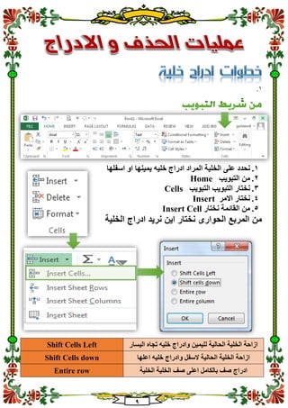 9
1.
1.‫نحدد‬‫اسفلها‬ ‫او‬ ‫يمينها‬ ‫خليه‬ ‫ادراج‬ ‫المراد‬ ‫الخلية‬ ‫على‬
2.‫التبويب‬ ‫من‬Home
3.‫التبويب‬ ‫التبويب‬ ‫نختار‬Cells
4.‫االمر‬ ‫نختار‬Insert
5.‫نختار‬ ‫القائمة‬ ‫من‬Insert Cell
‫الخلية‬ ‫ادراج‬ ‫نريد‬ ‫اين‬ ‫نختار‬ ‫الحوارى‬ ‫المربع‬ ‫من‬
‫اليسار‬ ‫تجاه‬ ‫خليه‬ ‫وادراج‬ ‫لليمين‬ ‫الحالية‬ ‫الخلية‬ ‫ازاحة‬Shift Cells Left
‫اعلها‬ ‫خليه‬ ‫وادراج‬ ‫السفل‬ ‫الحالية‬ ‫الخلية‬ ‫ازاحة‬Shift Cells down
‫الخلية‬ ‫الخلية‬ ‫صف‬ ‫اعلى‬ ‫بالكامل‬ ‫صف‬ ‫ادراج‬Entire row
 