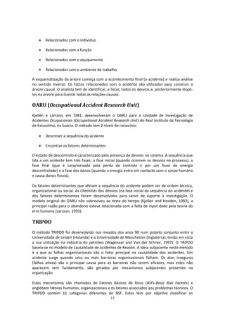 15
 Relacionados com o individuo
 Relacionados com a função
 Relacionados com o equipamento
 Relacionados com o ambiente de trabalho
A esquematização da árvore começa com o acontecimento final (o acidente) e realiza análise
no sentido inverso. Os factos relacionados com o acidente são utilizados para construir a
árvore causal. O analista tem de identificar, e listar, todos os desvios e, posteriormente dispô-
los na árvore para ilustrar todas as relações causais.
OARU (Occupational Accident Research Unit)
Kjellén e Larsson, em 1981, desenvolveram o OARU para a Unidade de Investigação de
Acidentes Ocupacionais (Occupational Accident Research Unit) do Real Instituto da Tecnologia
de Estocolmo, na Suécia. O método tem 2 níveis de raciocínio:
 Descrever a sequência do acidente
 Encontrar os fatores determinantes
O estado de descontrolo é caracterizado pela presença de desvios no sistema. A sequência que
lida a um acidente tem três fases: a fase inicial (quando ocorrem os desvios no processo), a
fase final (que é caracterizada pela perda de controlo e por um fluxo de energia
descontrolado) e a fase dos danos (quando a energia entra em contacto com o corpo humano
e causa danos físicos).
Os fatores determinantes que afetam a sequência do acidente podem ser de ordem técnica,
organizacional ou social. As Checklists dos desvios (na fase inicial da sequência do acidente) e
dos fatores determinantes foram desenvolvidas para servir de suporte à investigação. O
modelo original do OARU não sobreviveu ao teste do tempo (Kjellén and Hovden, 1993), a
principal razão para o abandono esteve relacionada com a falta de input dado pela teoria do
erro humano (Larsson, 1993).
TRIPOD
O método TRIPOD foi desenvolvido nos meados dos anos 90 num projeto conjunto entre a
Universidade de Leiden (Holanda) e a Universidade de Manchester (Inglaterra), tendo em vista
a sua utilização na indústria do petróleo (Wagenaar and Van der Schrier, 1997). O TRIPOD
baseia-se no modelo de causalidade de acidentes de Reason. A ideia subjacente neste método
é a que as falhas organizacionais são o fator principal na causalidade dos acidentes. Um
acidente surge quando uma ou mais barreiras organizacionais falham. Os atos inseguros
(falhas ativas) são a principal causa para as barreiras não serem eficazes, mas estes não
aparecem sem fundamento, são gerados por mecanismos subjacentes presentes na
organização.
Estes mecanismos são chamados de Fatores Básicos de Risco (BSFs-Basic Risk Factors) e
englobam fatores humanos, organizacionais e os fatores associados aos problemas técnicos. O
TRIPOD contém 11 categorias diferentes de BSF. Estes têm por objetivo classificar os
 