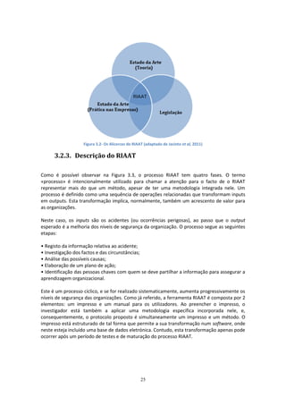 25
Figura 3.2- Os Alicerces do RIAAT (adaptado de Jacinto et al, 2011)
3.2.3. Descrição do RIAAT
Como é possível observar na Figura 3.3, o processo RIAAT tem quatro fases. O termo
«processo» é intencionalmente utilizado para chamar a atenção para o facto de o RIAAT
representar mais do que um método, apesar de ter uma metodologia integrada nele. Um
processo é definido como uma sequência de operações relacionadas que transformam inputs
em outputs. Esta transformação implica, normalmente, também um acrescento de valor para
as organizações.
Neste caso, os inputs são os acidentes (ou ocorrências perigosas), ao passo que o output
esperado é a melhoria dos níveis de segurança da organização. O processo segue as seguintes
etapas:
• Registo da informação relativa ao acidente;
• Investigação dos factos e das circunstâncias;
• Análise das possíveis causas;
• Elaboração de um plano de ação;
• Identificação das pessoas chaves com quem se deve partilhar a informação para assegurar a
aprendizagem organizacional.
Este é um processo cíclico, e se for realizado sistematicamente, aumenta progressivamente os
níveis de segurança das organizações. Como já referido, a ferramenta RIAAT é composta por 2
elementos: um impresso e um manual para os utilizadores. Ao preencher o impresso, o
investigador está também a aplicar uma metodologia específica incorporada nele, e,
consequentemente, o protocolo proposto é simultaneamente um impresso e um método. O
impresso está estruturado de tal forma que permite a sua transformação num software, onde
neste esteja incluído uma base de dados eletrónica. Contudo, esta transformação apenas pode
ocorrer após um período de testes e de maturação do processo RIAAT.
 