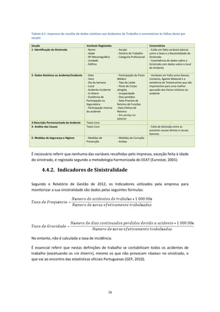 38
Tabela 4.1- Impresso de recolha de dados relativos aos Acidentes de Trabalho e comentários às falhas deste por
secção
Secção Variáveis Registadas Comentários
1- Identificação do Sinistrado - Nome
- Idade
- Nº Mecanográfico
- Unidade
- Edifício
- Secção
- Horário de Trabalho
- Categoria Profissional
- Estão em falta variáveis básicas
como o Sexo e a Nacionalidade do
Sinistrado
- Coexistência de dados sobre o
Sinistrado com dados sobre o local
do Acidente
2- Dados Relativos ao Acidente/Incidente - Data
- Hora
- Dia da Semana
- Local
- Acidente Incidente
- In Itinere
- Existência de
Participação na
Seguradora
- Participação Interna
do acidente
- Participação do Posto
Médico
- Tipo de Lesão
- Parte do Corpo
atingida
- Incapacidade
- Dias perdidos
- Data Prevista de
Retoma de Funções
-Data Efetiva de
Retoma
- Em serviço no
exterior
- Variáveis em Falta como Desvio,
Contacto, Agente Material e a
existência de Testemunhas que são
importantes para uma melhor
apuração dos factos relativos ao
acidente
3-Descrição Pormenorizada do Acidente Texto Livre -
4- Análise das Causas Texto Livre - Falta de distinção entre as
possíveis causas diretas e causas
latentes
5- Medidas de Segurança e Higiene - Medidas de
Prevenção
- Medidas de Correção
- Ambas
É necessário referir que nenhuma das variáveis recolhidas pelo impresso, exceção feita à Idade
do sinistrado, é registada segundo a metodologia harmonizada do EEAT (Eurostat, 2001).
4.4.2. Indicadores de Sinistralidade
Segundo o Relatório de Gestão de 2012, os Indicadores utilizados pela empresa para
monitorizar a sua sinistralidade são dados pelas seguintes fórmulas:
No entanto, não é calculada a taxa de incidência.
É essencial referir que nestas definições de trabalho se contabilizam todos os acidentes de
trabalho (excetuando os «in itineri»), mesmo os que não provocam «baixa» no sinistrado, o
que vai ao encontro das estatísticas oficiais Portuguesas (GEP, 2010).
 
