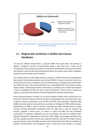 46
Figura 5.5- Total de Acidentes de Trabalho analisados, segundo o Edifício onde trabalha o sinistrado
(N=29 Acidentes de Trabalho)
5.3. Registo dos Acidentes e Análise das Causas
Imediatas
Tal como foi referido anteriormente, o processo RIAAT tem quatro fases. Na primeira, o
Registo, o acidente é descrito minuciosamente desde a falha ativa que o causou até às
consequências físicas diretas provocadas no sinistrado. Resumidamente, nesta primeira análise
aos acidentes, estes são descritos essencialmente pelos seus aspetos mais visíveis e palpáveis,
realçando as denominadas causas imediatas.
Para codificar toda esta informação relativa ao acidente, o RIAAT incorpora uma grande parte
das variáveis harmonizadas propostas pelo Eurostat (2001). De todas as variáveis, o desvio e o
contato são as que mais se destacam e são, simultaneamente, as variáveis cuja compreensão é
mais difícil para quem não está familiarizado com a metodologia EEAT. Para facilitar a leitura
desde capítulo, é então possível definir, brevemente, o Contato como a variável que descreve
o tipo ou modalidade da lesão (ou seja, o tipo de acidente) e o Desvio como a variável que
regista a causa direta mais próxima ocorrida imediatamente antes do contato lesivo.
Como é possível observar na Figura 5.6, no que diz respeito às falhas ativas, apenas três, num
total de 29, não foram devidas a fatores humanos. Consequentemente, é possível concluir que
os fatores humanos representam cerca de 90% das falhas ativas registadas. Segundo Fialho
(2008), este valor pode ser comparado com os estudos de Hollnagel em 1998, de Kosmowski e
Kwiesielewicz em 2000 e ainda de Jacinto e Aspinwall em 2004; Hollnagel afirma as ações
humanas erróneas geralmente contribuem entre 60 a 90% para a causa do acidente. No
entanto, segundo o mesmo autor, os valores na ordem dos 90% são mais facilmente
encontrados em acidentes rodoviários do que em acidentes ocorridos em ambiente fabril.
Segundo Kosmowski e Kwiesielewicz (citado por Fialho, 2008) a percentagem de falhas ativas
que são causadas pelo fator humano para acidentes industriais está entre 70 a 80%, ao passo
que para Jacinto e Aspinwall (2004) este valor está situado próximo dos 70% em atividades da
indústria transformadora. Esta discrepância entre os valores de outras estudos e os valores
 