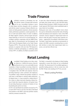 A
ccessBank’s Retail lending serves three strate-
gic objectives: it fulfills the mission of provid-
ing financial services to low and middle income
households, it helps AccessBank to develop a Retail cli-
ent base for attracting deposits of private individuals and
it strengthens links with SME and corporate clients by
providing financing to their customers and employees.
AccessBank’s range of Retail loan products includes (i)
cash loans to individuals in selected stable professions,
(ii) deposit loans, i.e. loans secured by a deposit that al-
low clients to obtain short-term financing without hav-
ing to break their long-term deposits, (iii) partner loans
for providing financing to customers of retailers of core
household goods and (iv) car loans.
In 2013, the total Retail loan portfolio increased by 67%
to reach USD 75.6m by year-end. The share of the Retail
loan portfolio in the Bank’s total loan portfolio remains
relatively constant at around 10%.
The Bank is committed to developing its Retail lending
responsibly to ensure that clients are not overburdened
with debt. The clearest proof of AccessBank applying re-
sponsible lending practices is the low arrears rate, with
the PaR>30 days ratio standing at 0.27% by year-end.
A
zerbaijan’s economy is developing very rap-
idly and the volume of foreign trade increases
year by year. AccessBank continues to grow
its trade finance activities alongside with its customers
and with the country’s economy. Products offered to cus-
tomers are bank guarantees (payment, advance payment,
tender, performance guarantees), counter-guarantees, let-
ters of credit and stand-by letters of credit. In addition,
the Bank supports customers with pre-export and post-
import financing, as well as ECA covered financing. Ac-
cessBank continues cooperating with the EBRD (Euro-
pean Bank for Reconstruction and Development) and
ADB (Asian Development Bank) on the Trade Finance
Programs (TFP’s). This provides the Bank with the op-
portunity to cooperate with more than 700 financial in-
stitutions worldwide participating as confirming banks
in these TFP’s. In addition, the Bank succeeded in 2013
to enter into a direct relationship with leading commer-
cial banks from Europe such as with UniCredit (Italy),
Deutsche Bank (Germany), LBBW (Germany) and with
Credit Agricole CIB (France) which established trade fi-
nance limits for AccessBank.
During past years some of AccessBank’s micro clients
have grown substantially and joined the ranks of leading
small and medium-sized enterprises. Some of the SME
customers, heavily engaged in import/export deals are
about to make the jump to become large corporate cus-
tomers – supported by AccessBank’s trade finance team.
The Bank’s trade finance specialists are permanently in
contact with SME customers consulting them on avail-
able facilities to realize their import/export deals in a
secure, cost and time efficient way.
Trade Finance
OPERATIONAL BUSINESS
15
ACCESSBANK AZERBAIJAN
ANNUAL REPORT 2013
Retail Lending
USD million
Retail Lending Portfolio
 