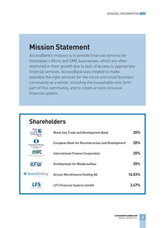 Black Sea Trade and Development Bank
European Bank for Reconstruction and Development
International Finance Corporation
Access Microﬁnance Holding AG
Kreditanstalt für Wiederaufbau
Shareholders
LFS Financial Systems GmbH
20%
20%
20%
20%
3.47%
16.53%
GENERAL INFORMATION
3
ACCESSBANK AZERBAIJAN
ANNUAL REPORT 2013
AccessBank’s mission is to provide ﬁnancial services for
Azerbaijan’s Micro and SME businesses, which are often
restricted in their growth due to lack of access to appropriate
ﬁnancial services. AccessBank was created to make
available the right services for the micro and small business
community as a whole, including the households who form
part of this community, and to create a more inclusive
ﬁnancial system.
Mission Statement
 