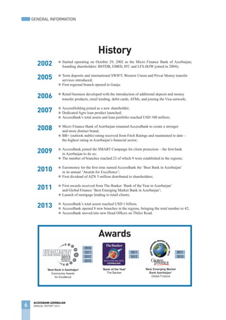 History
Started operating on October 29, 2002 as the Micro Finance Bank of Azerbaijan;
founding shareholders: BSTDB, EBRD, IFC and LFS (KfW joined in 2004);
Term deposits and international SWIFT, Western Union and Privat Money transfer
services introduced;
First regional branch opened in Ganja;
Retail business developed with the introduction of additional deposit and money
transfer products, retail lending, debit cards, ATMs, and joining the Visa network;
AccessHolding joined as a new shareholder;
Dedicated Agro loan product launched;
AccessBank’s total assets and loan portfolio reached USD 100 million;
Micro Finance Bank of Azerbaijan renamed AccessBank to create a stronger
and more distinct brand;
BB+ (outlook stable) rating received from Fitch Ratings and maintained to date –
the highest rating in Azerbaijan’s financial sector;
AccessBank joined the SMART Campaign for client protection – the first bank
in Azerbaijan to do so;
The number of branches reached 23 of which 9 were established in the regions;
Euromoney for the first time named AccessBank the ‘Best Bank in Azerbaijan’
in its annual ‘Awards for Excellence’;
First dividend of AZN 5 million distributed to shareholders;
First awards received from The Banker ‘Bank of the Year in Azerbaijan’
and Global Finance ‘Best Emerging Market Bank in Azerbaijan’;
Launch of mortgage lending to retail clients;
AccessBank’s total assets reached USD 1 billion;
AccessBank opened 8 new branches in the regions, bringing the total number to 42;
AccessBank moved into new Head Offices on Tbilisi Road.
2005
2006
2008
2009
2010
n
n
n
n
n
n
n
2011
n
n
n
Awards
2013
n
n
n
n
2007 n
n
6
ACCESSBANK AZERBAIJAN
ANNUAL REPORT 2013
GENERAL INFORMATION
n
n
2002
 