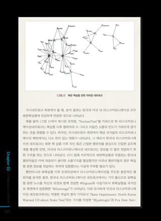 150
Chapter02 노드엑셀(NodeXL)소개와이해
거시네트워크 측면에서 볼 때, 분석 결과는 한국과 미국 내 리스크커뮤니케이션 모두
북한핵실험에 민감하게 반응한 것으로 나타났다.
예를 들어 <그림 1>에서 제시된 것처럼, “NuclearTest”를 키워드로 한 리스크커뮤니
케이션네트워크는 핵실험 이후 행위자의 수 그리고 이들간 소통의 빈도가 가파르게 증가
하는 것을 관찰할 수 있다. 하지만, 미시네트워크 측면에서 해당 국가들의 리스크커뮤니
케이션 패턴에서는 다소 의미 있는 변화가 나타났다. 그 예로서 한국내 리스크커뮤니케
이션 네트워크는 북한 핵 실험 이후 지인 혹은 근접한 행위자를 중심으로 긴밀한 공조체
계를 형성한 반면, 미국내 리스크커뮤니케이션 네트워크는 정보를 더 멀리 전달하기 위
한 구조를 띄는 것으로 나타났다. 다시 말해 지리적으로 북한핵실험과 직결되는 한국내
행위자들은 이에 대응하기 용이한 소통구조를 형성했지만 미국내 행위자들의 경우 핵실
험 관련 정보를 전달하는 목적에 집중했다는 사실에 주목할 필요가 있다.
뿐만아니라 북핵실험 이후 트위터상에서 리스크커뮤니케이션을 주도한 결정적인 행
위자를 분석한 결과, 한국내 리스크커뮤니케이션 네트워크에서는 기자 출신으로 북핵실
험 관련 뉴스를 자신의 의견과 함께 전달한 @biguse와 사설가로서 북핵실험을 국가안
보 측면에서 담론화한 “@funronga”가 나타났다. 이와 유사하게 미국내 리스크커뮤니케
이션 네트워크에서는 저명한 저널의 현직 기자로서 “State Department: North Korea
Warned US about Nuke Test”라는 기사를 작성한 “@joshrogin”과 Fox New Net-
<그림 2>  북한 핵실험 관련 의미망 네트워크
 
