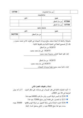 94
‫ػ‬‫ح‬ ‫مف‬/‫يات‬‫ر‬‫المشت‬15750
‫حـ‬/‫المشتريات‬
‫مدين‬‫دائن‬
87500‫ػ‬‫ح‬ ‫مف‬/‫المعمؽ‬
15750‫ػ‬‫ح‬ ‫مف‬/‫المعمؽ‬
‫حـ‬/‫محمود‬ ‫محمد‬
‫مدين‬‫دائن‬
‫ػ‬‫ح‬ ‫مف‬/‫المعمؽ‬365750
‫ممحكظة‬:‫ك‬ ‫محمكد‬ ‫لمحمد‬ ‫الدائف‬ ‫الطرؼ‬ ‫في‬ ‫المبيعات‬ ‫مردكدات‬ ‫مبمغ‬ ‫ضعؼ‬ ‫أضفنا‬ ‫أننا‬ ‫يبلحظ‬
‫التالية‬ ‫يقة‬‫ر‬‫بالط‬ ‫يتـ‬ ‫الثانية‬ ‫العممية‬ ‫في‬ ‫الخطأ‬ ‫تصحيح‬ ّ‫ألف‬ ‫ذلؾ‬:
182875‫ػ‬‫ح‬ ‫مف‬/‫ؽ‬ّ‫م‬‫المع‬
182875‫ػ‬‫ح‬ ‫إلى‬/‫محمكد‬ ‫محمد‬
‫محمكد‬ ‫محمد‬ ‫بمديكنية‬ ‫الخاص‬ ‫الخطأ‬ ‫القيد‬ ‫إلغاء‬
182875‫ػ‬‫ح‬ ‫مف‬/‫ؽ‬ّ‫م‬‫المع‬
182875‫ػ‬‫ح‬ ‫إلى‬/‫محمكد‬ ‫محمد‬
‫المبيعات‬ ‫مردكدات‬ ‫بقيمة‬ ‫محمكد‬ ‫محمد‬ ‫دائنية‬ ‫إثبات‬
‫الثاني‬ ‫الفصل‬ ‫تطبيقات‬ ‫و‬ ‫أسئمة‬
1-‫الحرؼ‬ ‫شكؿ‬ ‫عمى‬ ‫حسابات‬ ‫في‬ ‫ك‬ ‫اليكمية‬ ‫دفتر‬ ‫في‬ ‫التالية‬ ‫العمميات‬ ‫أثبت‬T‫اف‬‫ز‬‫مي‬ ‫أعد‬ ‫ثـ‬
‫في‬ ‫اجعة‬‫ر‬‫الم‬30‫مايك‬2005‫ـ‬.
10/5‫ه‬‫ر‬‫قد‬ ‫ماؿ‬ ‫أس‬‫ر‬‫ب‬ ‫النكرس‬ ‫شركة‬ ‫تأسيس‬ ّ‫تـ‬64000‫ن‬‫ا‬‫نقد‬ ‫جنيو‬.
13/5‫بمبمغ‬ ‫أرض‬ ‫قطعة‬ ‫عمى‬ ‫الحصكؿ‬ ّ‫تـ‬32000‫ن‬‫ا‬‫نقد‬ ‫جنيو‬.
18/5‫تكمفتيا‬ ‫اليدل‬ ‫شركة‬ ‫مف‬ ‫التجييز‬ ‫سابقة‬ ‫مباني‬ ‫المنشأة‬ ‫اشترت‬38400،‫جنيو‬
‫مبمغ‬ ‫ن‬‫ا‬‫نقد‬ ‫منيا‬ ‫سددت‬9600‫ن‬‫ا‬‫الحق‬ ‫السداد‬ ‫يستحؽ‬ ‫الباقي‬ ‫ك‬ ،‫جنيو‬.
 