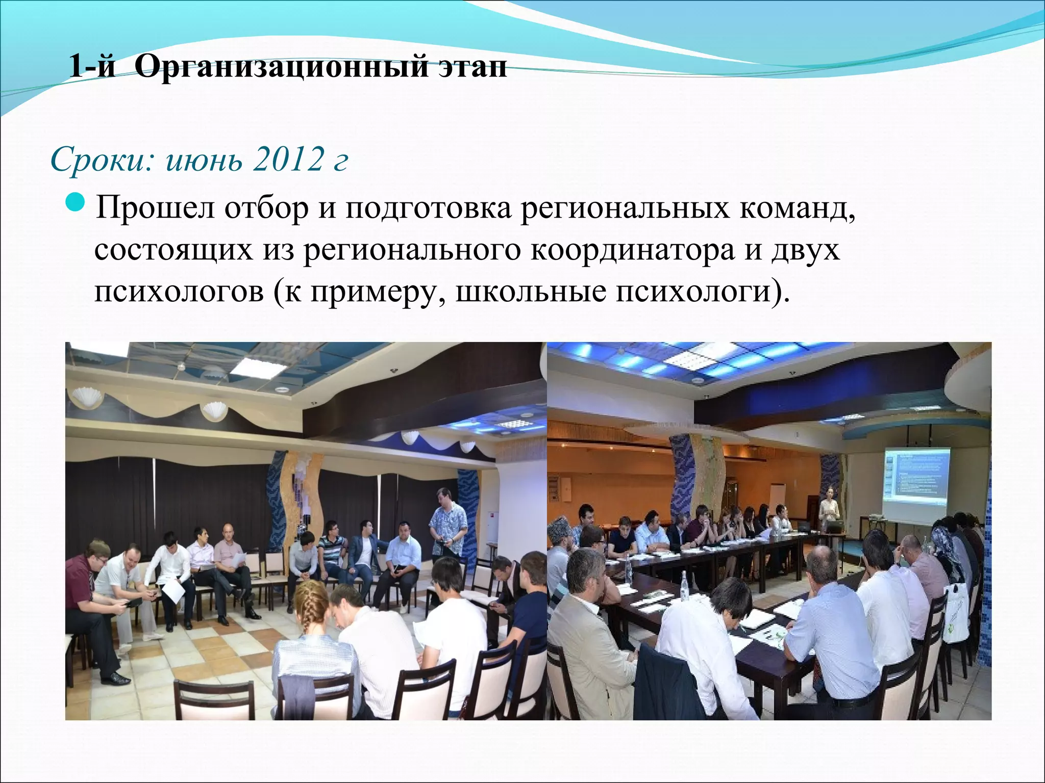 Сроки: июнь 2012 г
Прошел oтбор и подготовка региональных команд,
состоящих из регионального координатора и двух
психологов (к примеру, школьные психологи).
1-й Организационный этап
 