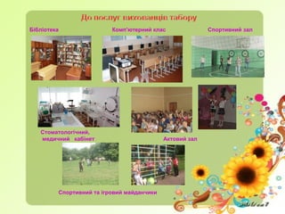 Комп'ютерний класБібліотека
Стоматологічний,
медичний кабінет
Спортивний зал
Актовий зал
Спортивний та ігровий майданчики
 