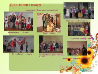 Інсценізація “Стара казка на новий лад”
“Коза –дереза” 7 загін
Кіт у чоботях” 9 загін
Герої казок завітали до нас
“Ріпка” 6 загін
“Сучасний колобок” 4 загін
І знову “Ріпка”, але особлива…
5 загін
Віртуальна подорож “Світ театру”
 